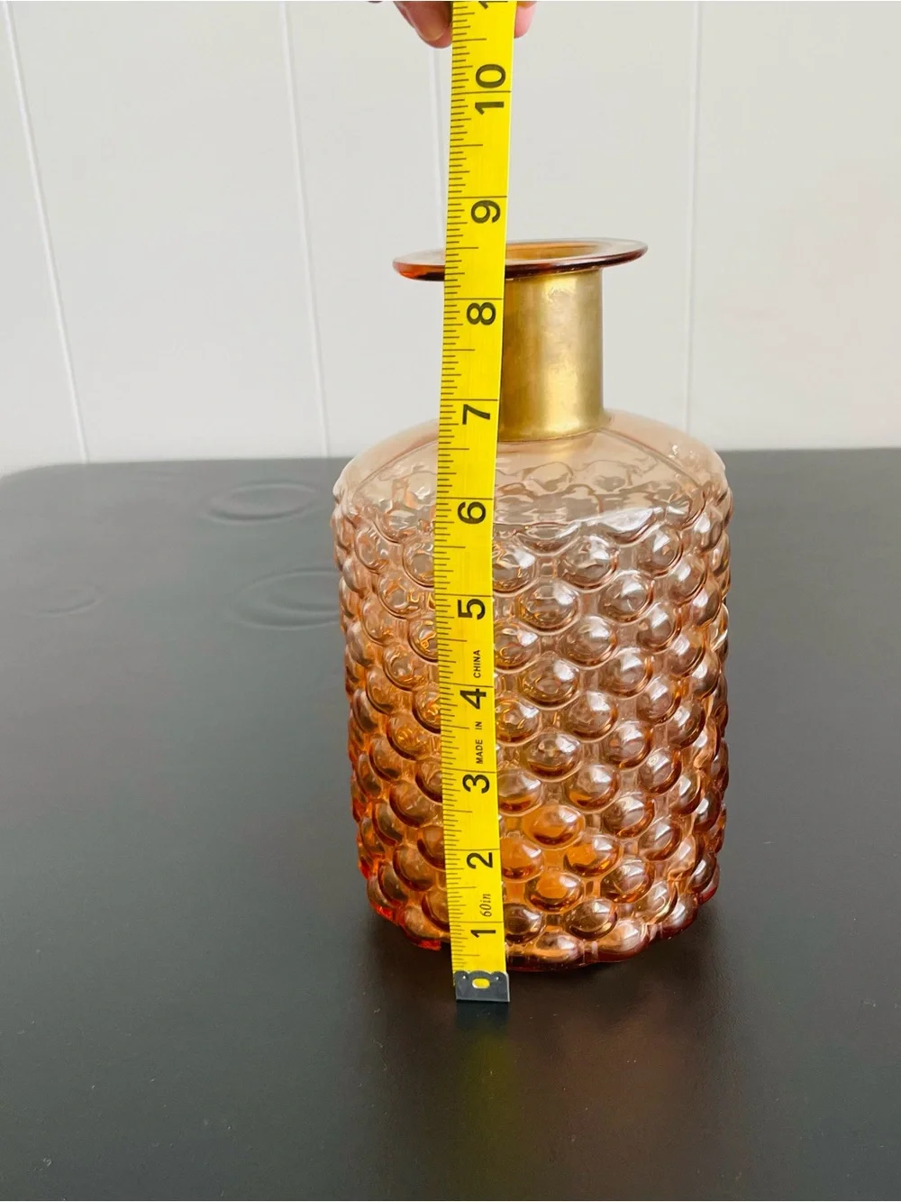 Amber Textured Glass Vase with Brass Neck